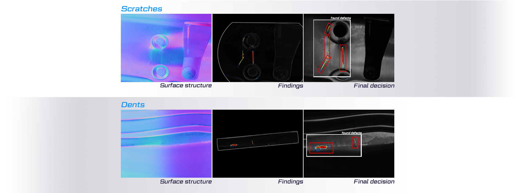 Examples of defects detected on pressed metal parts.