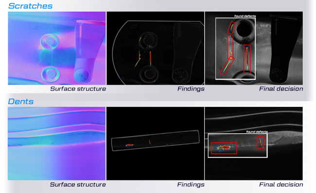 Examples of defects detected on pressed metal parts.